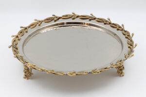 GÜMÜŞ KAPLAMA BAKIR YAPRAKLI YUVARLAK TEPSİ